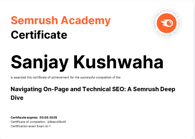On Page certificate of sanjay kushwaha
